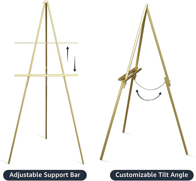 nianfeng Wooden Easel Stand for Sign, Easel Display Stand Floor for Wedding Sign With Adjustable Tray, 63-Inch, Tripod A-Frame Poster Light Duty, Welcome, Art Show & Baby Shower (Golden)