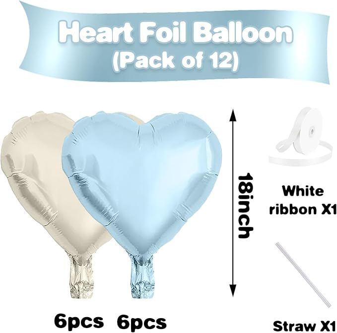 Baby Blue White Heart Balloons,12Pcs 18 Inch Blue Cream Foil Love Heart Shaped Balloons for Baby Shower Table Decor Birthday Party Bridal Engagement Wedding Anniversary Valentines Day Decorations
