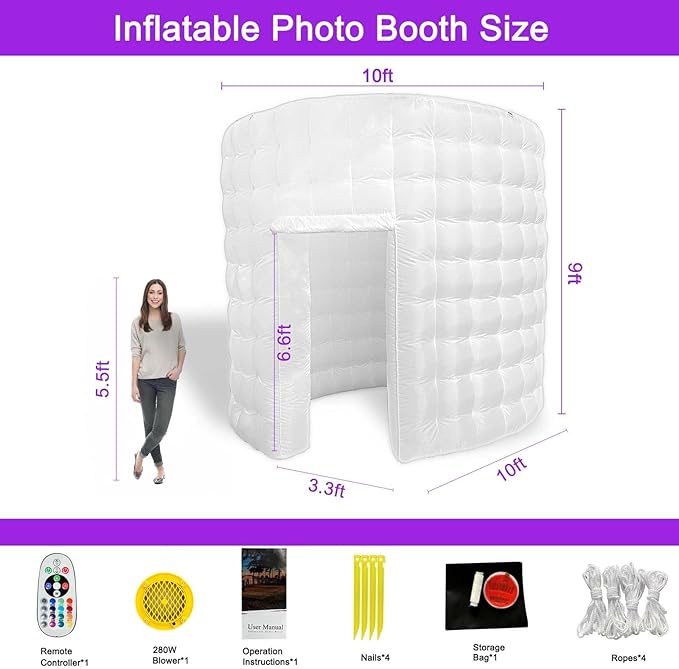 CZGBRO Inflatable Photo Booth, Portable Photo Booth Enclosure Tent for Weddings Parties Events Birthday Shows Bars, 8 Pieces of Inflatable Props(White, 10'x10'x9', 2 Doors)