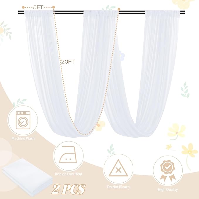 Ceiling Drapes Wedding Arch Draping Fabric White 5FTx20FT 2 Panels Arch Decorations for Ceremony Chiffon Drapery for Arbor Chiffon Backdrop Voile Sheer Curtains for Party Tent Ceiling Drape Outdoor