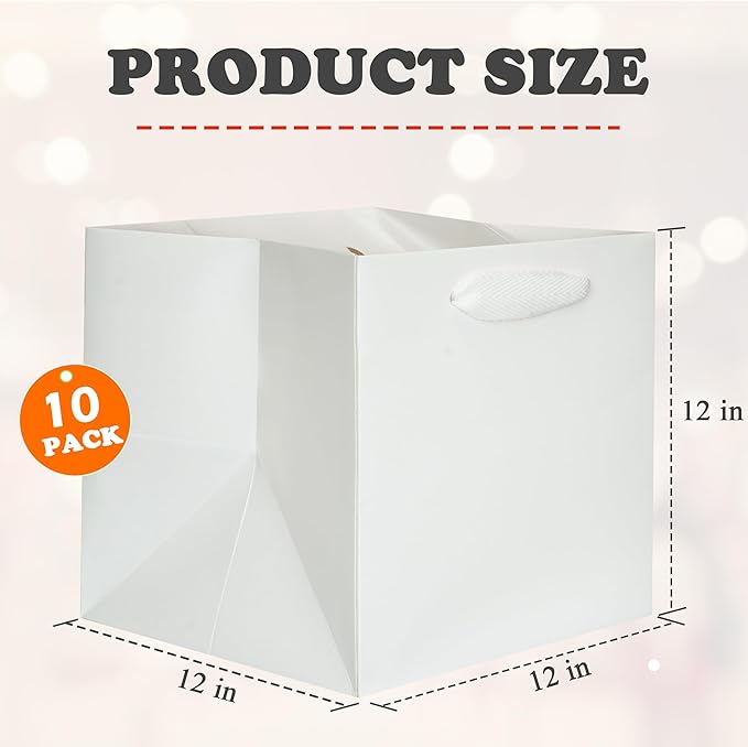 ADIDO EVA White Square Gift Bags Large Size Square Bottom Paper Bags with Handles for Party Favor, Shopping Bag (12x12x12 In, 10 CT)