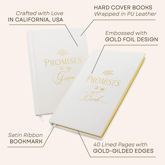 MUUJEE Promises To My Groom and Promises to My Bride Wedding Vow Books (Set of 2) - White Gold Foil Embossed Notebook Journal for Wedding Ceremony Vow Renewal - Wedding Gift Ideas