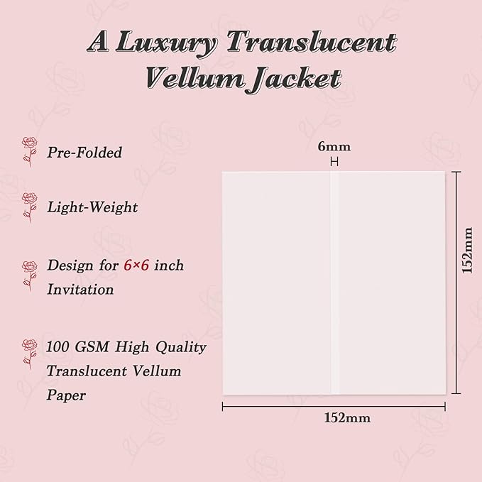 30 Pack Pre-Folded Vellum Jackets for 6x6 Invitations, Translucent Vellum Paper 6x6 Jackets, 100GSM Wedding Invitations Wraps, Envelope Liners for Birthdays, Baby Showers