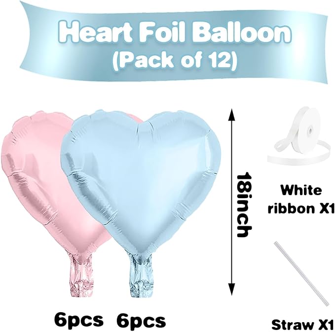 Pink Blue Balloons,12Pcs 18 Inch Macaron Foil Love Heart Shaped Balloons for Boy Girl Gender Reveal Bridal Engagement Wedding Anniversary Birthday Party Graduation Valentines Day Decorations