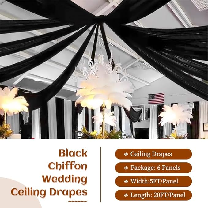 6 Panels Black Ceiling Drapes 5ftx20ft Wedding Chiffon Fabric Arch Draping Sheer Curtains Soft Drapery for Party Ceremony Stage Swag Decorations