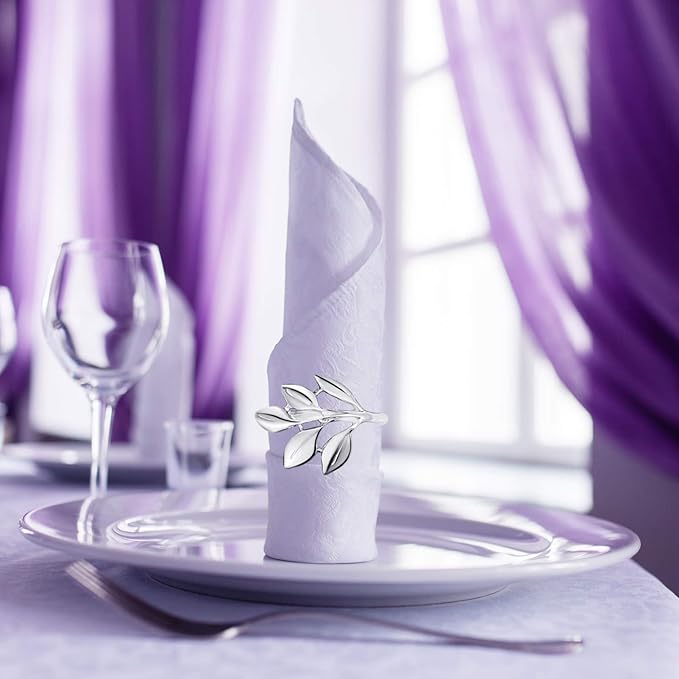 Hotop 72 Pcs Leaf Napkin Rings Set Silver Metal Napkins Rings Holders Bulk Glossy Table Adornment for Vintage Wedding Bridal Thanksgiving Christmas Holidays Fall Dinner Party Decoration Favors