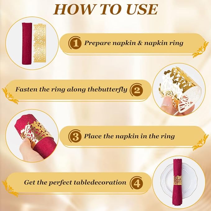 150PCS Rose Flower Paper Napkin Rings, Simple Napkin Holders Dinner Tables Rings Elegant Ornament Table Setting Decoration for Wedding, Christmas, Thanksgiving, Holiday, Party (Gold)