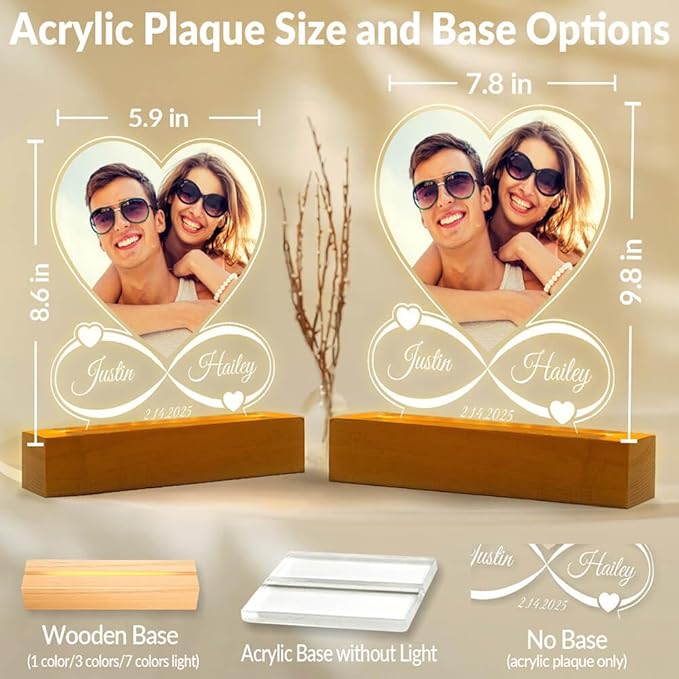 Personalized Anniversary Couple Gifts for Women & Men, Custom Picture Frames with Photo, Personalized Photo Frame with Night Light, Customized Birthday Gifts for Her Him Girlfriend Boyfriend