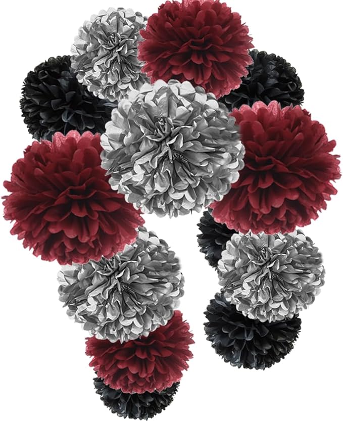 Burgundy Silver Black Tissue Paper Pom Poms Flower for Birthday Wedding Graduation Retirement Party Decoration, 12pc