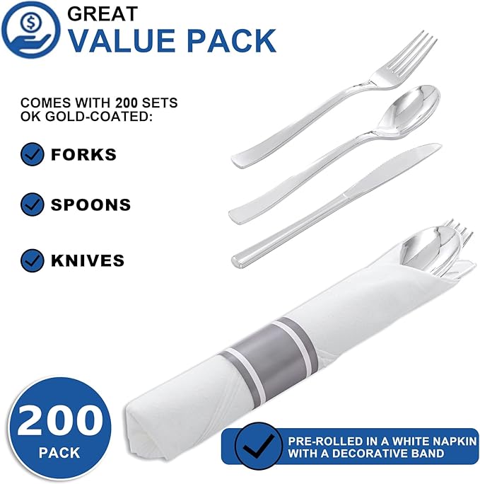 200Guests Pre Rolled Silver Plastic Silverware Sets - Heavy Duty Silver Cutlery - Include 200 Pack Wrapped Disposable Utensils with Napkins for Parties & Dinners & Weddings