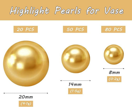 150Pcs Gold Polished No Hole Faux Pearl Beads for Vase Filling Decorations, Plastic Pearls Vase Fillers, Table Scatters, Wedding Centerpiece, Home Decor, 8/14/20 mm