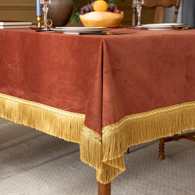 F-CHU Luxury Burnt Orange Tablecloth Thickset Velvet Tablecloth with Beautiful Gold Tassels Vintage Table Cloth for Home Decor Wedding, Party, Banquet and Events 67x120-Inch