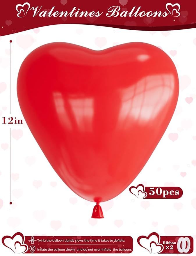 Red Heart Balloons, 50 Pcs 12 Inch Heart Shaped Balloons, Red Latex Balloon, Romantic Valentines Balloons for Birthday Party Wedding Engagement Party Baby Shower Valentine Day Decorations