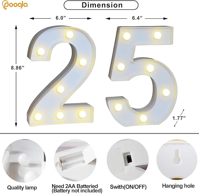 Pooqla 25th Birthday Decorations for Her Him, 35 Colors LED Light Up Numbers with Remote, Multicolor Marquee Numbers for Party Backdrop 25th Anniversary Decor Birthday Gifts for Women, Number 25