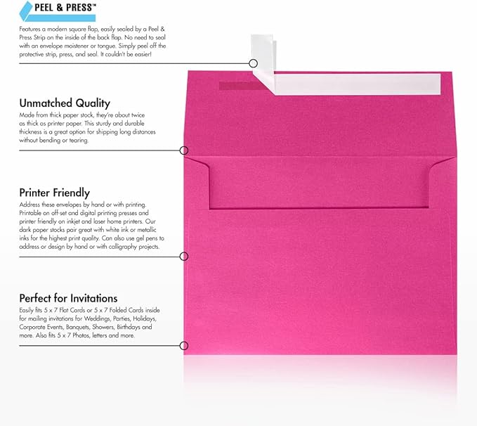 LUXPaper A7 Invitation Envelopes | Peel & Press | 5 1/4" x 7 1/4" | Azalea Metallic | 80lb. Text | 50 Qty