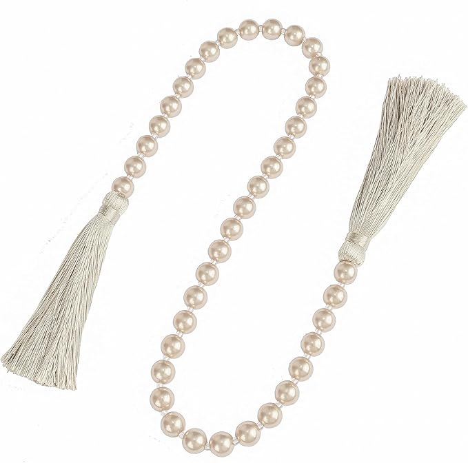 Fenghuangwu 34 Inch Pearl Glass Bead Garland with Tassels - Elegant Boho Table Decor, Fringe Wall Hanging for Wedding, Party, Farmhouse Rustic Prayer Bead Home Decoration(1 Pack,Off White)