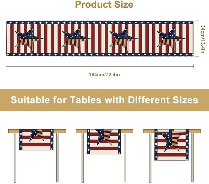 4th of July Table Runner, Patriotic Independence Day American Stars Stripes Flag Print Table Runner for Farmhouse Kitchen Dining Holiday Birthday Party, 13x60inch