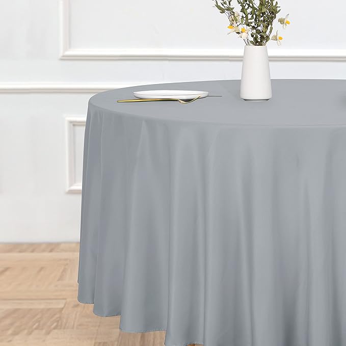 sancua Round Tablecloth - 108 Inch - Water Resistant Spill Proof Washable Polyester Table Cloth Decorative Fabric Table Cover for Dining Tables, Buffet Parties and Camping, Silver Grey