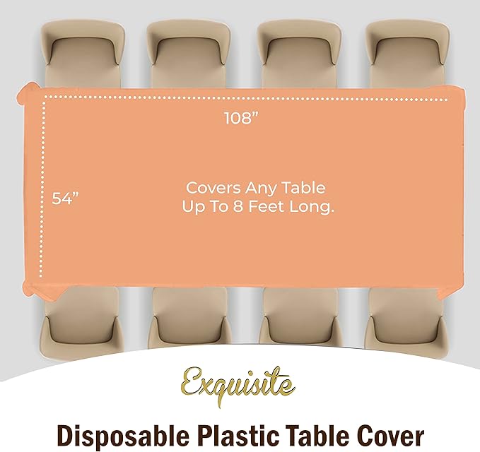 Exquisite 12-Pack Premium Plastic Tablecloth 54in. x 108in. Rectangle Table Cover - Peach