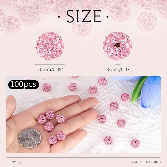 100 pcs 10mm Rhinestone Beads for Jewelry Making, Pink Shiny Round Shamballa Disco Beads Bulk, Sparkle Crystal Clay Christmas for Bracelet Baseball Necklace Earring Crafting and DIY