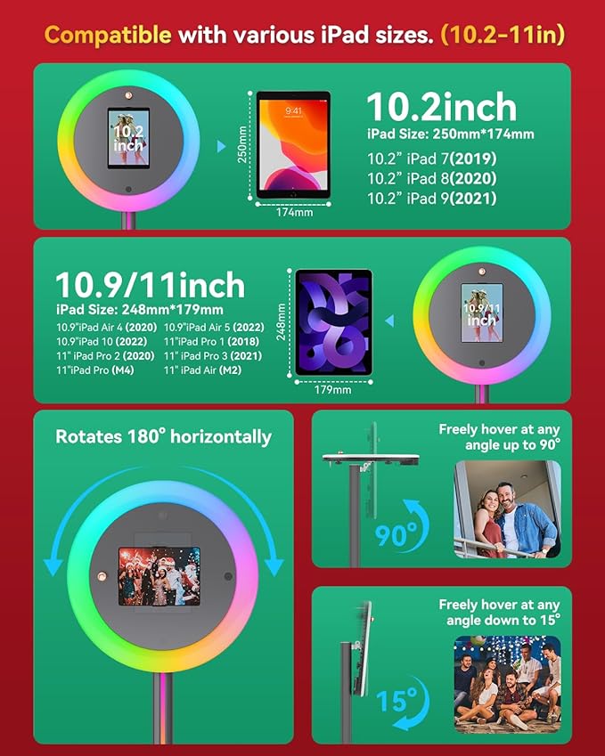 Portable Photo Booth Stand for iPads 10.2in-13in, Provide Cyratok APP Control and RGB Fill Light Lightweight Aluminum Alloy Photobooth Machine for Halloween Rental Wedding