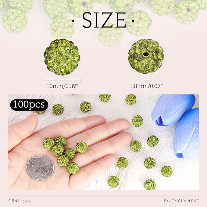100 pcs 10mm Rhinestone Beads for Jewelry Making, Olivine Shiny Round Shamballa Disco Beads Bulk, Sparkle Crystal Clay Christmas for Bracelet Baseball Necklace Earring Crafting and DIY