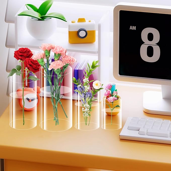 48 Pack Plastic Cylinder Vases, 4 6 8 10 Inch Tall Acrylic Cylinder Clear Flower Vase Set Bulk Glass Like Large Round Plastic Vases for Centerpiece Wedding Home Office (48)