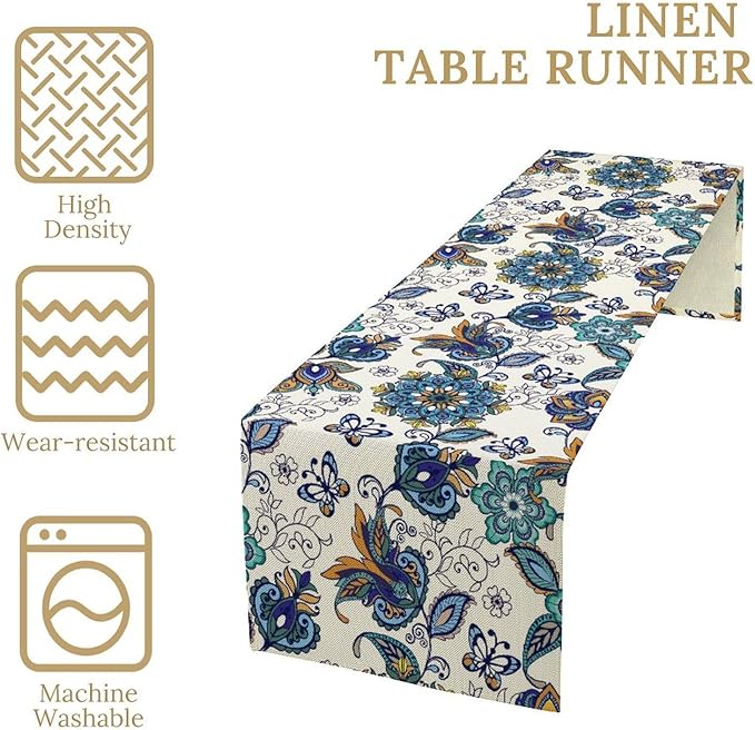 Oriental Paisley Table Runner, Luxury Vintage Blue Teal Floral Butterflies Print Table Runner for Home Dining Kitchen Coffee Table Party Decor, 13x70inch