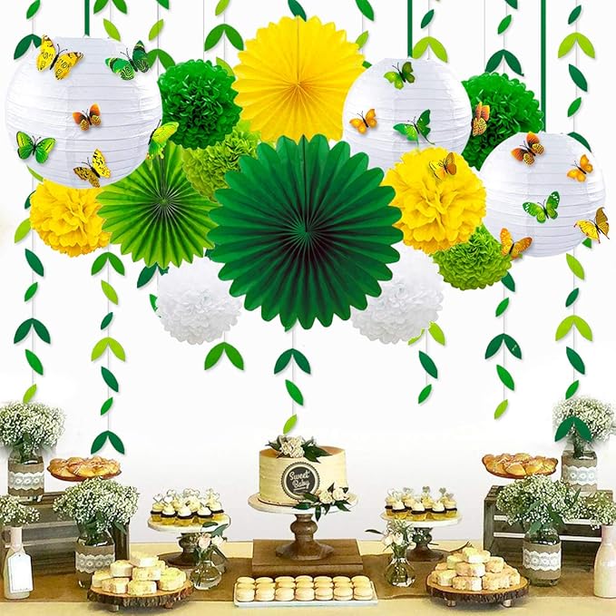 Yellow Green Party Decoration Kit Hanging Paper Fans Lanterns Flowers Pom Pom with 3D Butterfly Green Leaves Garland for Birthday Wedding Engagement Baby Shower Spring Summer Garden Tea Party Decor