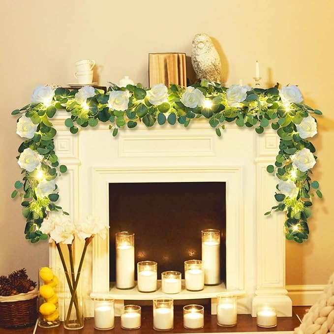 MACTING 6.6FT Flower Garland with Lights Fake Gypsophila Eucalyptus Garland with 12 White Roses Artificial Floral Greenery Vine for Wedding Arch Table Centerpieces Backdrop Party Summer Decorations