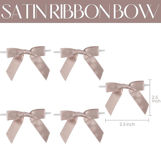 AIMUDI Dusty Rose Ribbon Bows Wedding Decor 2.5" Pretied Small Pink Bows for Crafts Premade Satin Twist Tie Bows for Treat Bags Cake Pop Bows Mini Bows for Gift Wrapping Candy Apples - 50 Counts