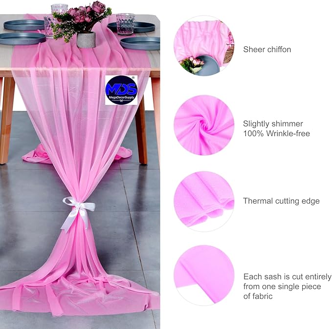 MDS 20 Pack 10ft Chiffon Table Runner 29 x 120 Inches Sheer Wedding Runner Romantic Rustic Table Runner for Wedding Decorations, Birthday Parties, Bridal Shower Party Arch Decor - Bubblegum Pink
