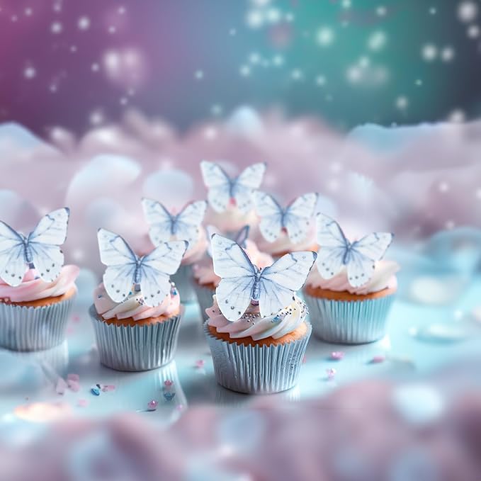 Ephlyn 48Pcs Edible Butterfly Cupcake Toppers Butterfly Cupcake Picks Edible Cupcake Decorations for Baby Shower Kids Birthday Party Cake Supplies Blue