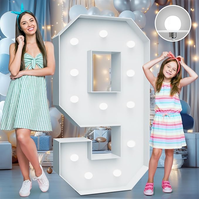 4FT Marquee Light Up Numbers - Cool White Light Up Numbers 9 with Fixed Water Bag, Party Decoration Large Marquee Light Up Numbers can Be Used for Wedding Decoration, Birthday Party Decoration