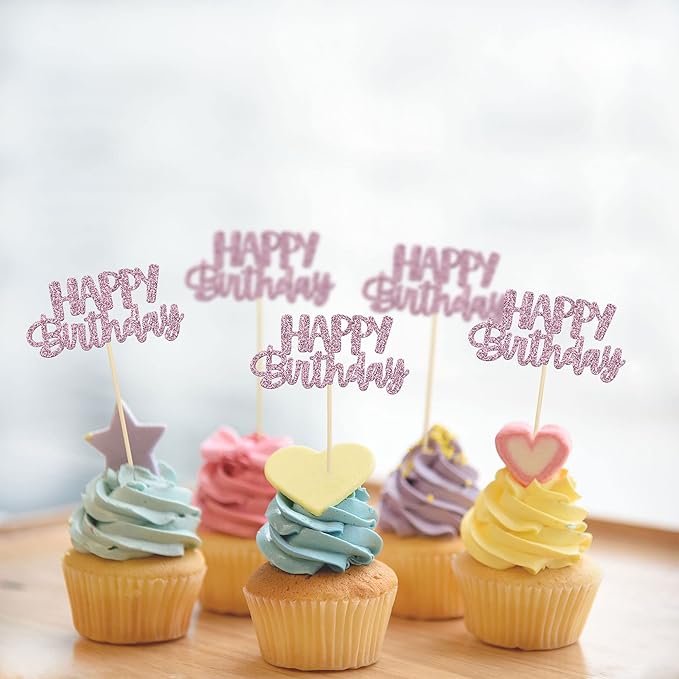 Gyufise 24Pcs Happy Birthday Cupcake Toppers Pink Glitter Celebrating Birthday Cake Picks Baby Shower Kids Birthday Party Decoration Supplies