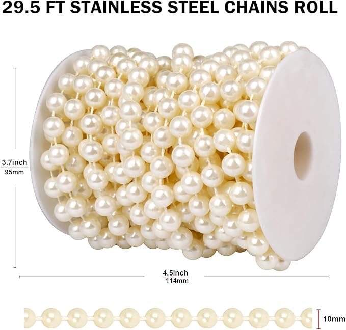29.5 FT Pearl Beads Garland for Decoration, 10MM Craft Pearl Beads String Spool Ivory Color Faux Pearl Strand Roll for DIY Craft Wedding Party Christmas Tree Decoration
