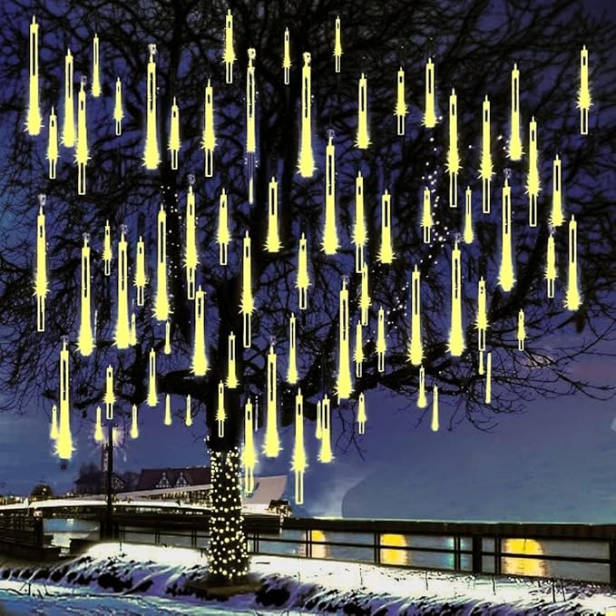 Christmas Lights Outdoor Falling Rain Meteor Shower Lights 12 inch 8 Tube 192 LED Snowfall Icicle Cascading String Light for Xmas Tree Christmas Decorations Holiday Garden, UL Plug,Warm White