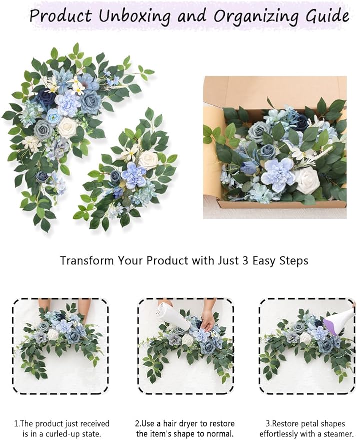 Pack of 2 Artificial Flowers for Backdrop Decoration, Wedding Arch Flowers,Reception Welcome Sign, Eucalyptus Garland, Suited to Aisle Decor and Wedding Arches(Blue)