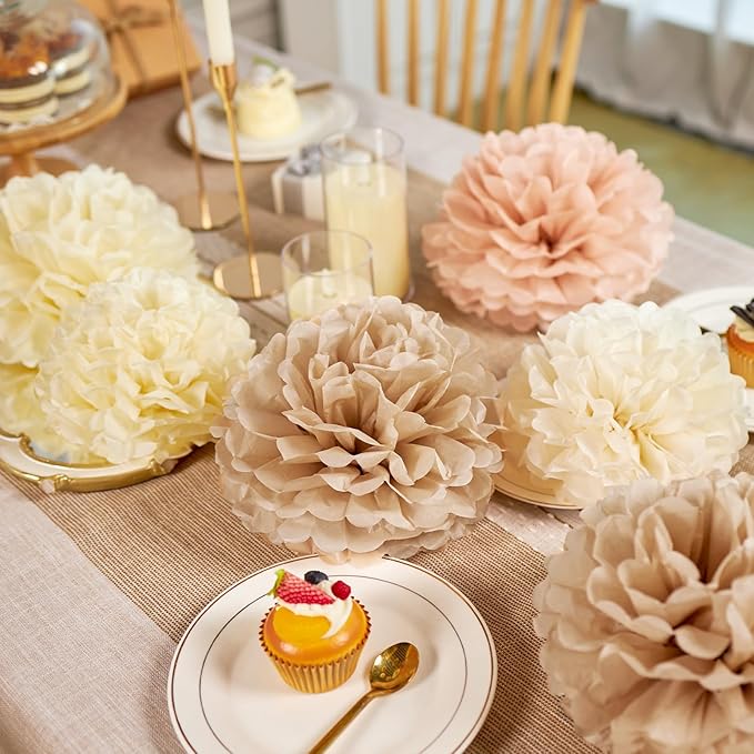 EASY JOY Boho Tissue Pom Poms Paper Flowers Hanging Decorations Brown Beige Party Decor for Bridal Shower Decorations Autumn Home Decor Baby Shower Wedding Nursery Birthday Backdrop 15PCS