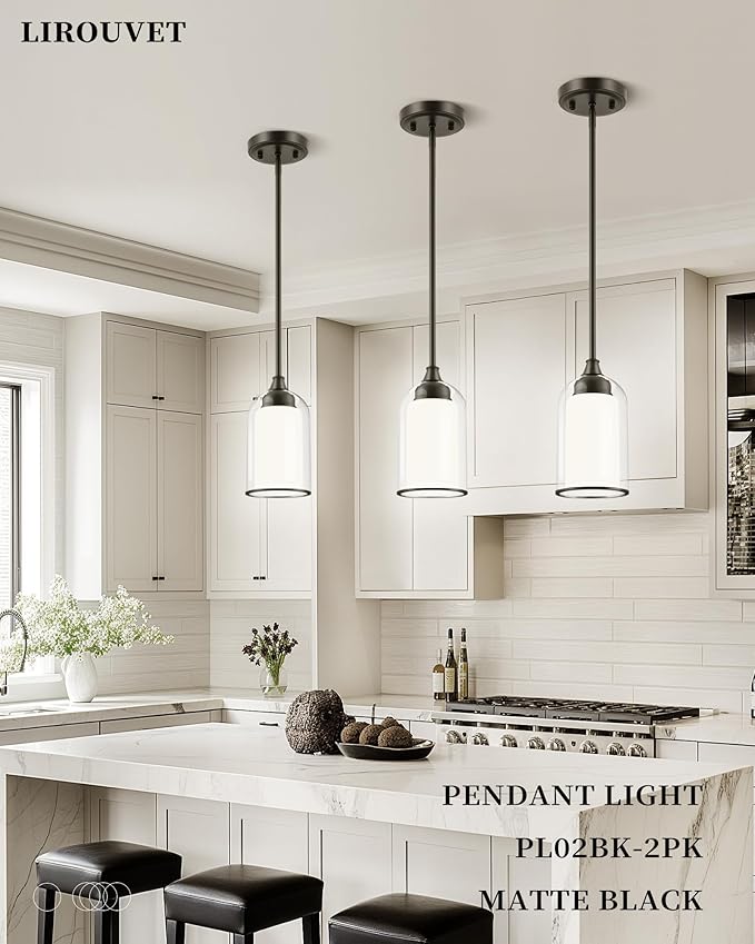 LIROUVET Black Pendant Light Fixtures - Dual Glass Hanging Light, 1-Light Pendant Lights with Clear and Milk Glass, Industrial Pendant Lighting for Kitchen, Dining Room, PL02BK-N