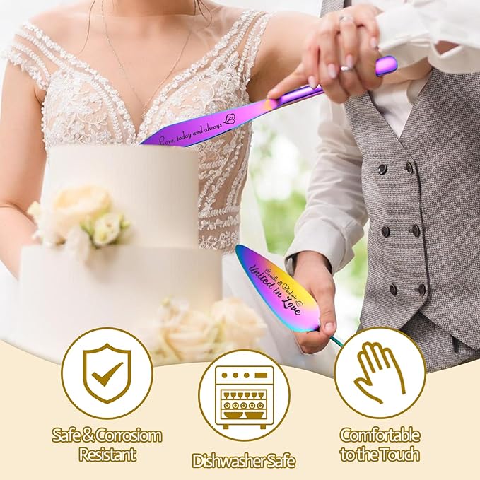 Personalized 4 Piece Wedding Cake Cutting Set, Custom Names Cake Knife and Server set with Forks, Anniversary Birthday Bridal Wedding Registry Gifts (Multi-color)