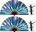 13" Large Folding Rave Fan with Holster, Clack Hand Fans Foldable for Line Dancing, Boots On The Ground Fan for Women Men Festival EDM Party Decoration, Holographic Blue 2 Pack