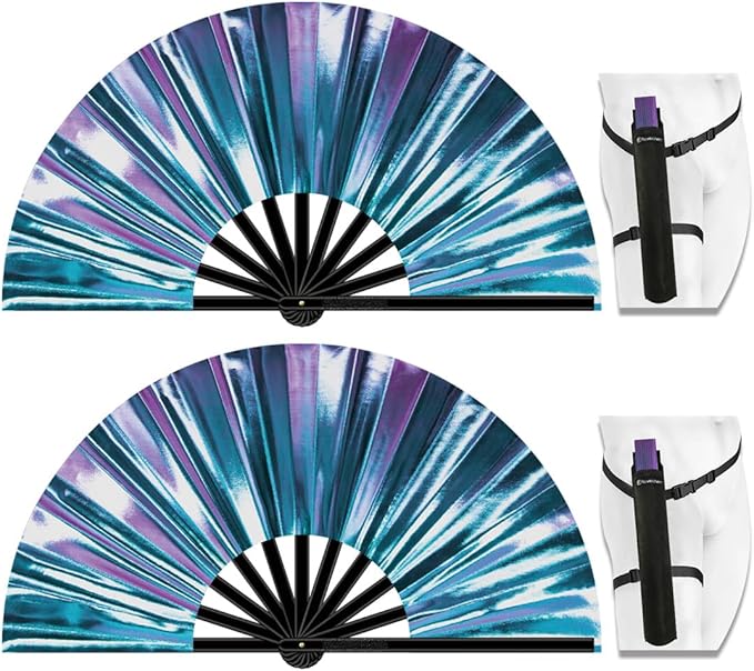 13" Large Folding Rave Fan with Holster, Clack Hand Fans Foldable for Line Dancing, Boots On The Ground Fan for Women Men Festival EDM Party Decoration, Holographic Blue 2 Pack