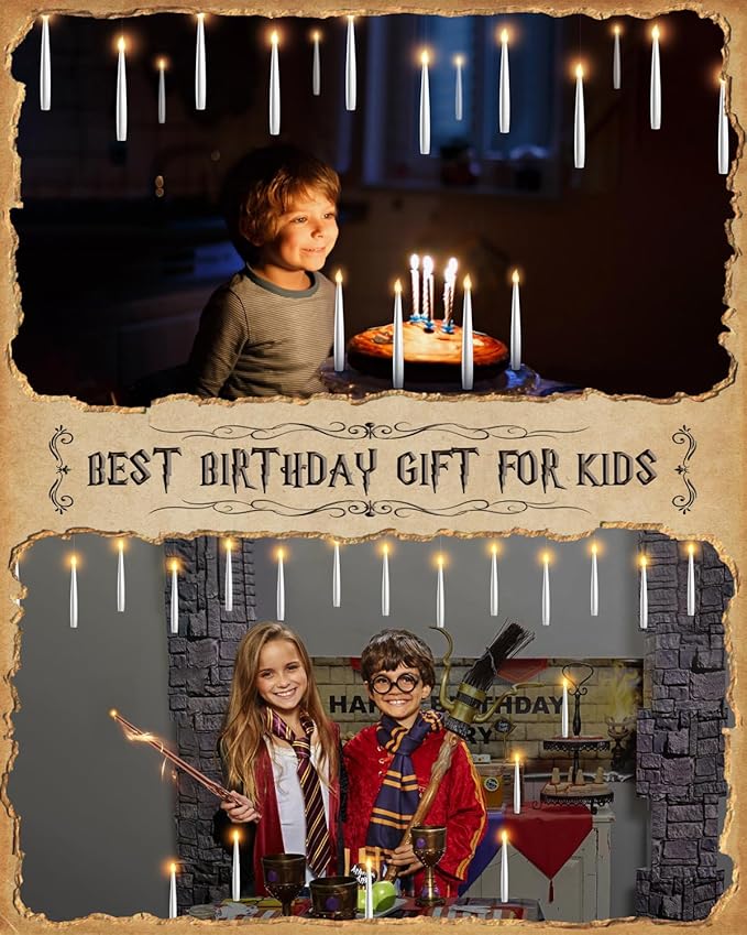 Floating Candles with Wand - 18 Pack Halloween Decorations Magic Flameless Candles Flickering Light Hanging Candle Remote with Glasses, Tie, Scarf, Battery Operated Candles for Christmas Party Decor