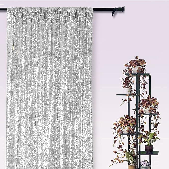 Silver Sequin Backdrop Curtains - 2 Panel 2FTx8FT Glitter Drapes for Wedding, Birthday, Bridal Party