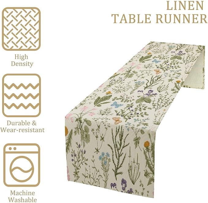 Floral Botanical Table Runner, Garden Spring Flower Botanical Butterfly Animal for Restaurant, Kitchen, Wedding, Party Rectangular Table Runner Decoration,13in（33cm） W * 60in（152cm） L