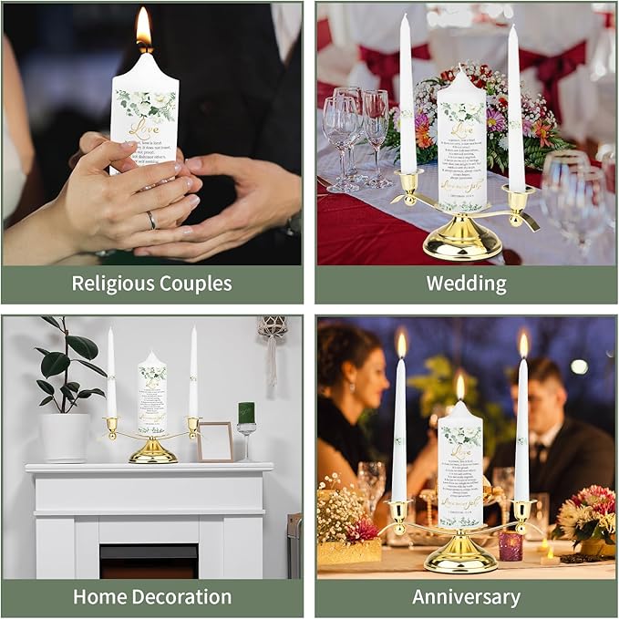 3 Unity Floral Candles for Wedding Ceremony Set with Golden Holder, Wedding Accessories for Reception
