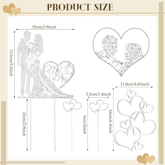 Spiareal 4 Pcs Wedding Cake Topper Mr and Mrs Rhinestone Bride and Groom Love Cake Topper Metal Crystal Heart Shaped Happy Engagement Anniversary Funny Diamond Party Decor for Bridal Shower(Silver)