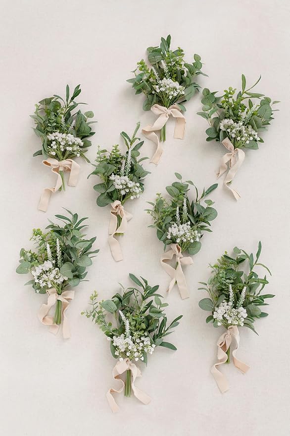 Ling's Moment 8 White Aisle Pew Artificial Flowers Arrangements Babysbreath for Wedding Ceremony Chair Back Floral Decorations with Chiffon Ribbons Sage Green Reception Church Rose Fake Party Outdoor