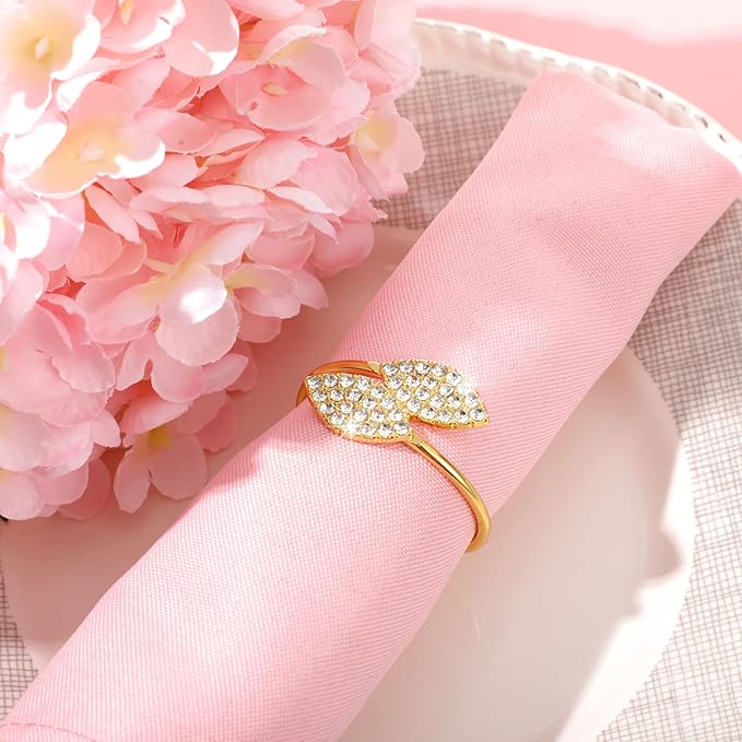 Hotop 60 Pcs Napkin Rings Gold Table Decorations, Elegant Bling Leaves Napkin Rings, Rhinestone Guest Towels Buckle for Wedding Gold Party, Thanksgiving Christmas Dinner Banquet Table Decoration